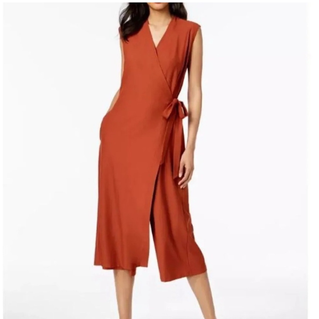 Eileen Fisher Woman- Stretch Crepe Wide Leg Wrap Jumpsuit Rust Orange